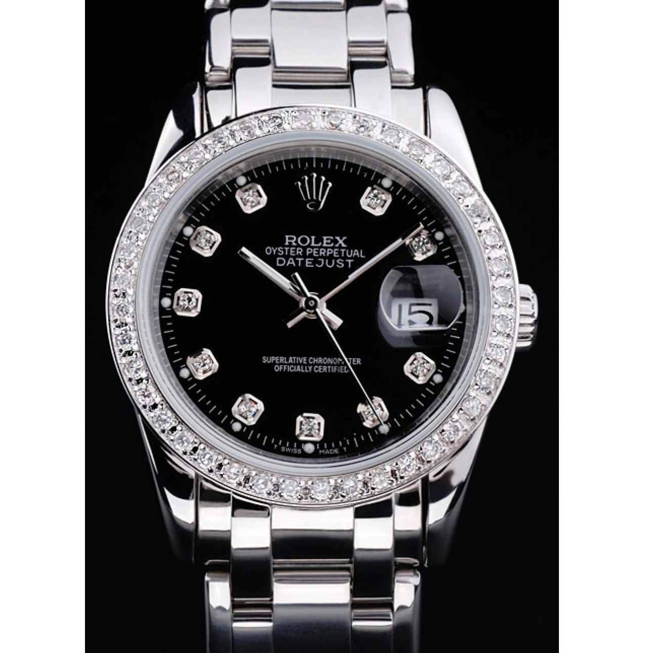 AAA Replica Watches Steel Black DateJust Rolex Bracelet Bezel Stainless Dial Diamond 0721